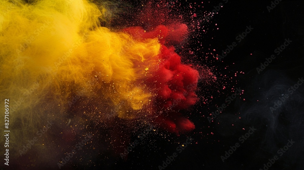 Yellow red powder explosion cloud on black background. Freeze motion of color dust particles splashing.