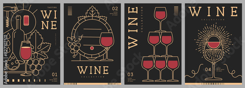 Set of modern line art magazine covers or posters with wine bottles and glasses. Restaurant menu design. Vector illustration