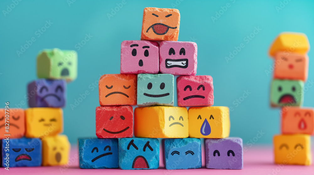 Naklejka premium A 3D pyramid visualization with emotions like satisfied and frustrated at different levels, representing customer sentiment towards a brand.