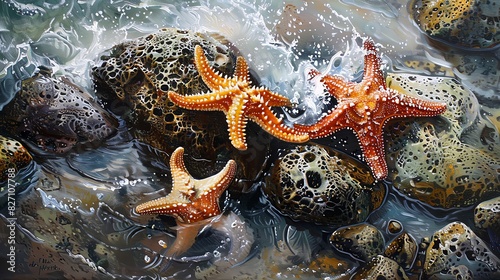 Oil painting of starfish on rocks in the water, highly detailed, hyper realistic, oil paint, airbrush art style, very natural colors photo