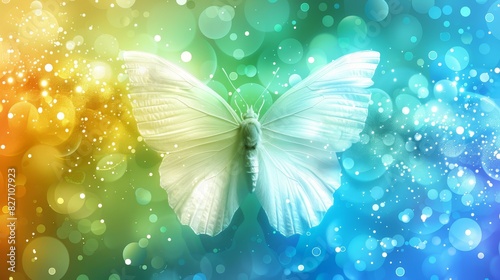 blue, green, yellow, and red Radiant bubbles emanate from the butterfly's wings' summit © Mikus
