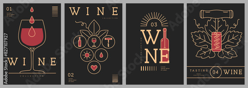 Set of modern line art magazine covers or posters with wine bottles and glasses. Restaurant menu design. Vector illustration