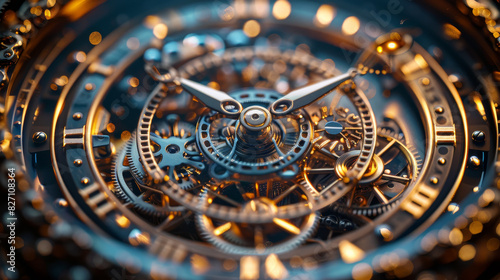 Intricate close-up of a luxurious timepiece, showcasing its complex gears and mechanisms.