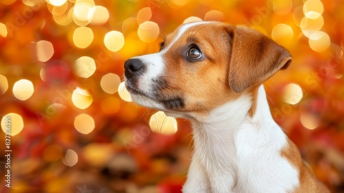  A brown-and-white dog stands before an orange and yellow leafy backdrop, its head subtly framed by a soft halo of bokeh lights
