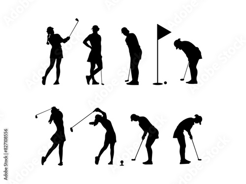 Golf girl silhouettes. Female golfer sport silhouette. Set of female golf player silhouettes in various poses. Good use for symbols, logos, mascots, icons, signs, webs, or any design you want.