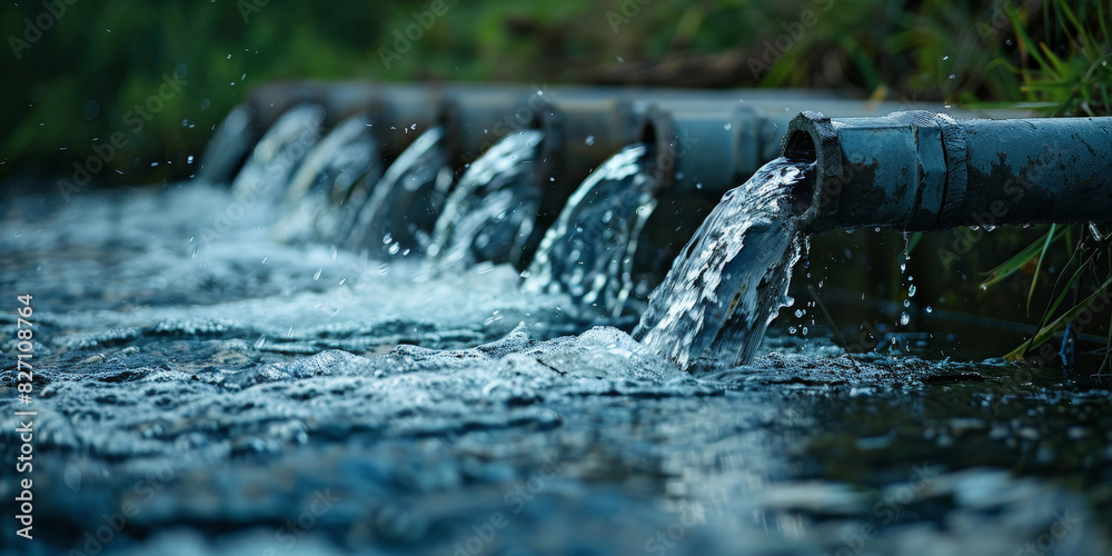 Fototapeta premium Water flowing from pipes into a waterway, clean and healthy drinking water theme background banner design