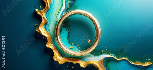 Green and  Blue Gold Abstract Painting on a Luxurious Marble Acrylic Background	
 photo