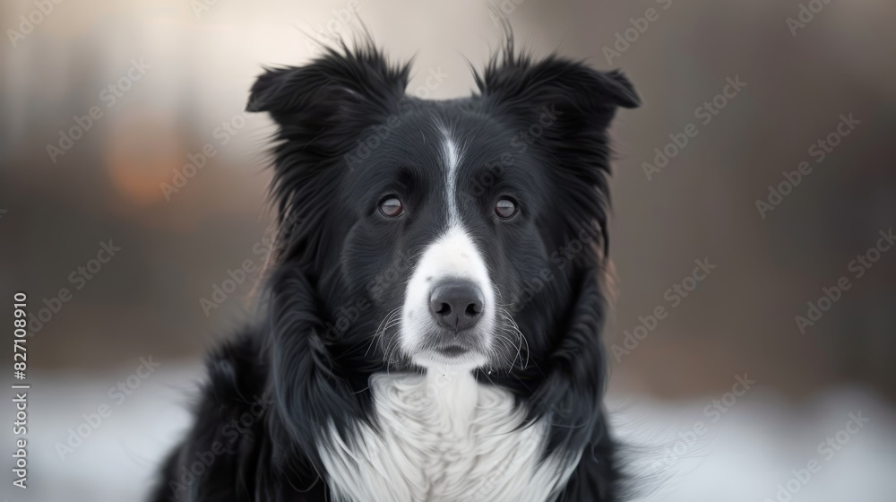  A tight shot of a black-and-white canine gazing into the lens, surrounded by a hazy backdrop of snowy ground and distant trees