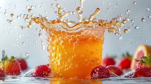 a bright grapefruit-strawberry juice splash against a pristine white background