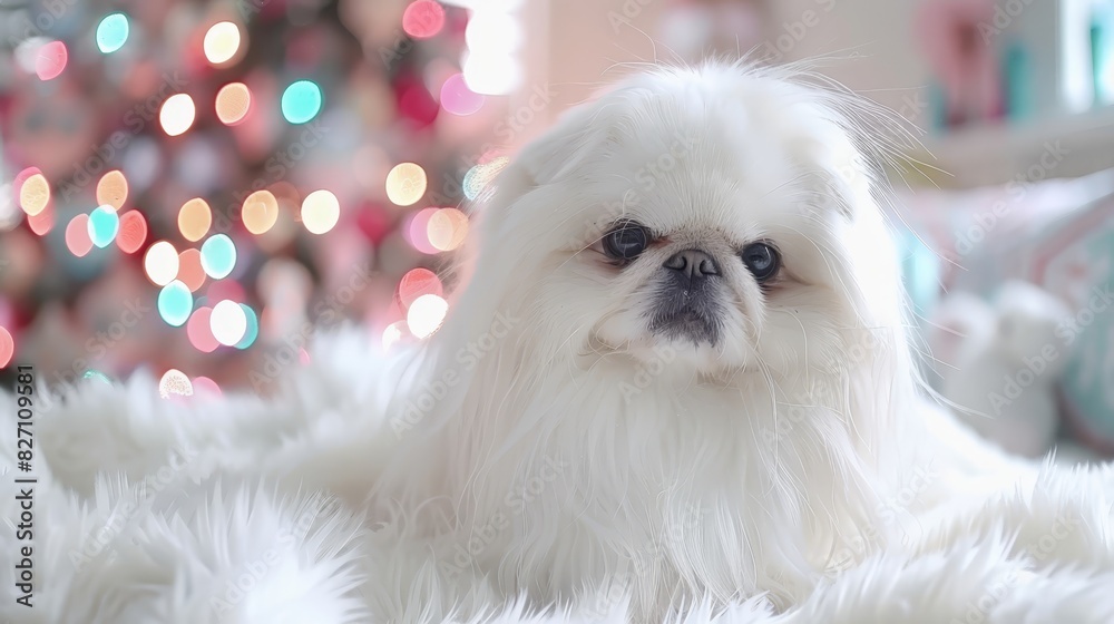 A small white dog lies on a white, fluffy blanket in front of a Christmas tree Lights adorn the background A pink Christmas tree is visible behind A small white dog lies on a white, fluffy blanket in front of a Christmas tree Lights adorn the background A pink Christmas tree is visible behind