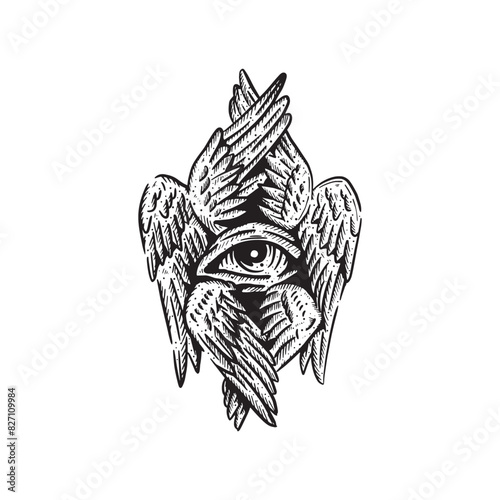 Vintage retro woodcut Seraphim one eye with six wings Biblical angel vector