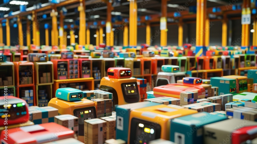 Robots sorting packages in a high-speed delivery and logistics center Robots sorting packages in a high-speed delivery and logistics center