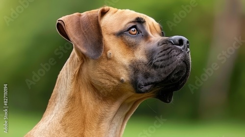  A close-up of a dog s face gazing into the distance  background blurred with grass and trees