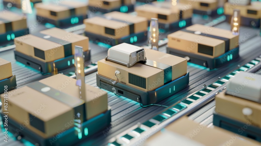 Robots sorting packages in a high-speed delivery and logistics center Robots sorting packages in a high-speed delivery and logistics center