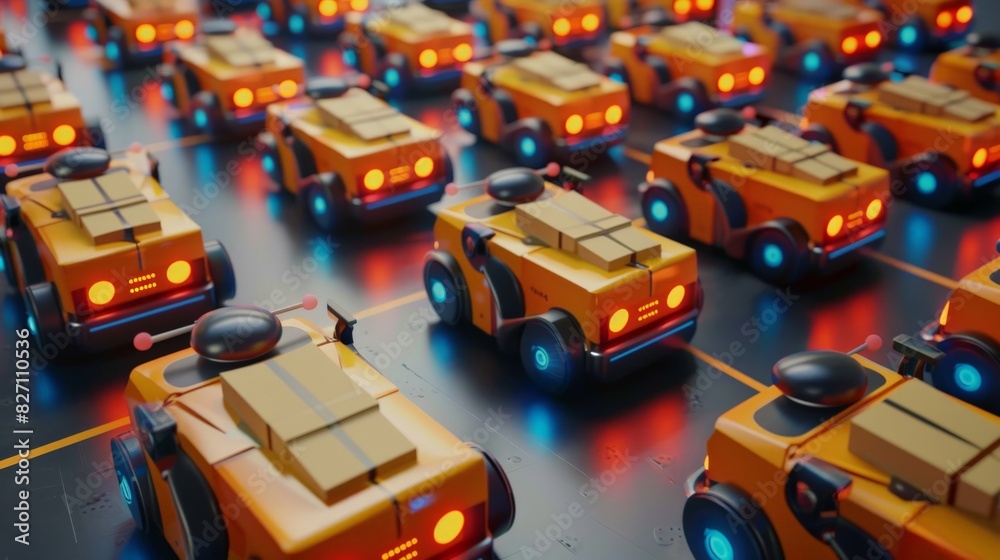 Obraz premium Robots sorting packages in a high-speed delivery and logistics center