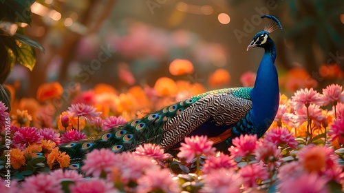 A peacock amidst colorful flowers in a botanical garden, capturing the essence of natural beauty and diversity List of Art Media Photograph inspired by Spring magazine