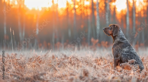  A dog sits in a field, surrounded by tall grass Beyond lies a forest with trees reaching towards the sun that filters through their canopies photo