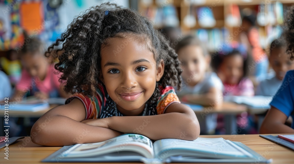Children are reading, looking at the camera, and smiling while sitting together on the floor. Children are reading, looking at the camera, and smiling while sitting together on the floor.