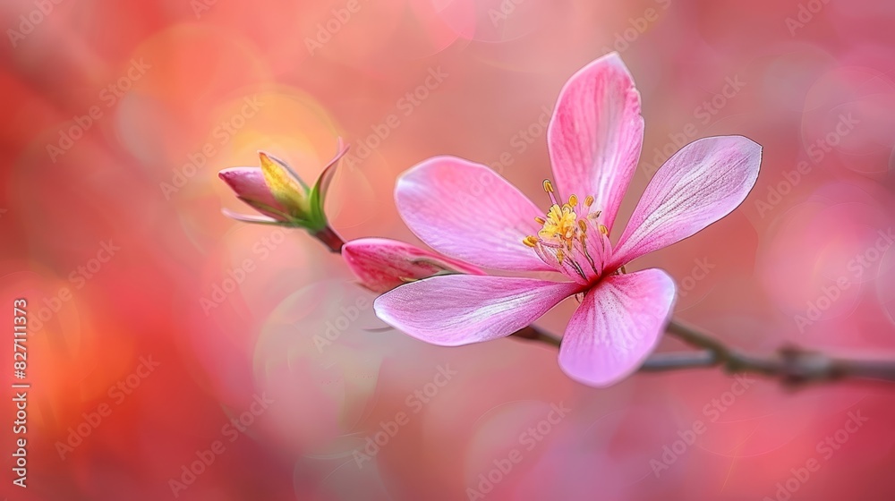 Obraz premium A tight shot of a pink blossom on a branch, surrounded by a vague backdrop of red and pink blooms in a blurred foreground