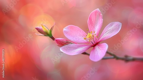  A tight shot of a pink blossom on a branch  surrounded by a vague backdrop of red and pink blooms in a blurred foreground