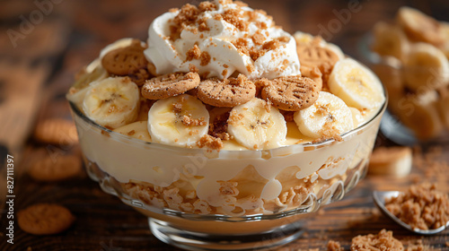 Small dish of banana pudding with wafers and white