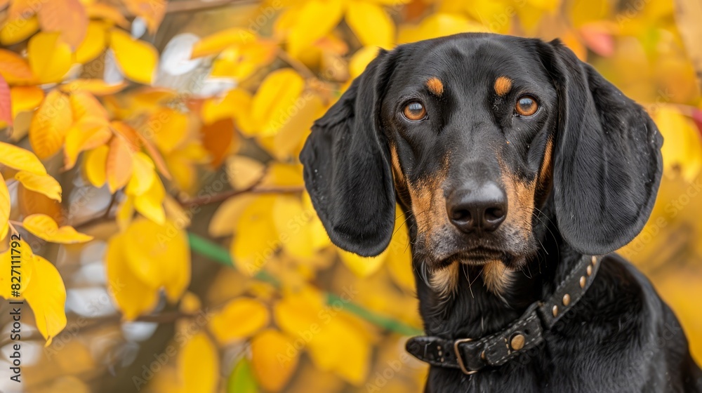 A black-and-brown dog stands before a tree, its yellow-leafed branches overhead The dog gazes at the camera