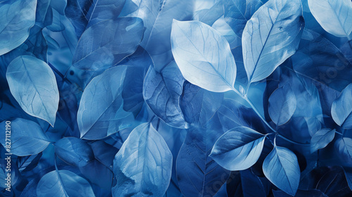 Modern artistic poster featuring blue abstract leaves