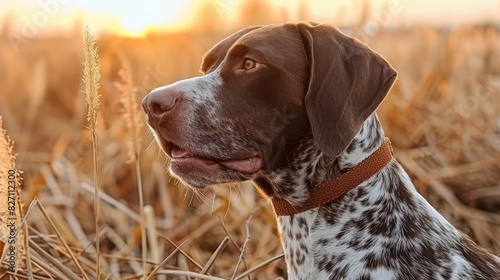  A brown-and-white dog sits in a field of tall grass as the sun sets, wearing a brown collar The dog gazes at the camera