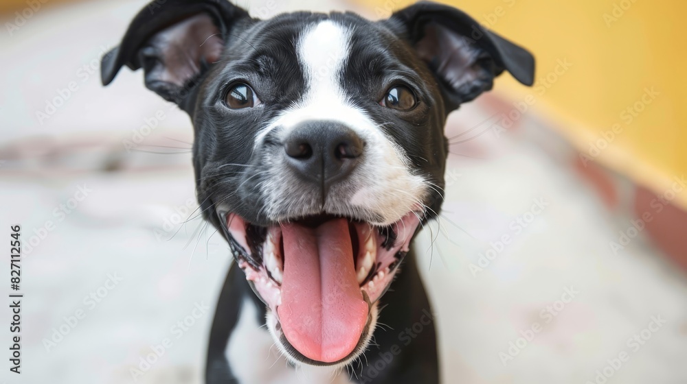  A black and white dog with its mouth open and tongue hanging out