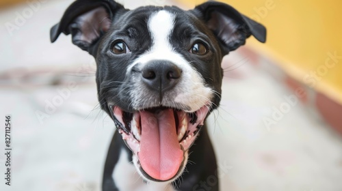  A black and white dog with its mouth open and tongue hanging out