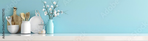 Photo of A white countertop with kitchen utensils and vases against an empty blue wall background mockup, 3D rendering photo