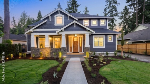 front view of beautiful new construction home in the city, grey shingle color with white trim and wooden accents, bright lights inside, front porch, nice landscaping around house, backyard, green 