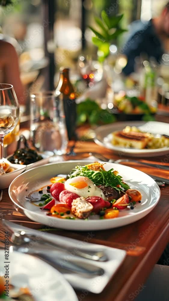 Tracking a fresh organic breakfast with egg on a plate at a Napa restaurant. 4k video in smart phone 9:16 aspect ratio. Tracking a fresh organic breakfast with egg on a plate at a Napa restaurant. 4k video in smart phone 9:16 aspect ratio.