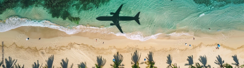 An aerial view of an airplane shadow over the beach.