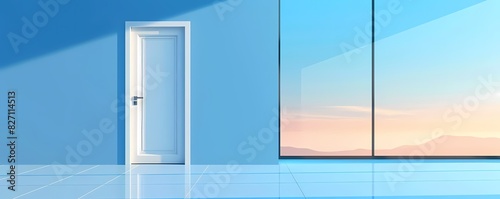 Picture a flat design of a glass door with a companys name and logo in vinyl