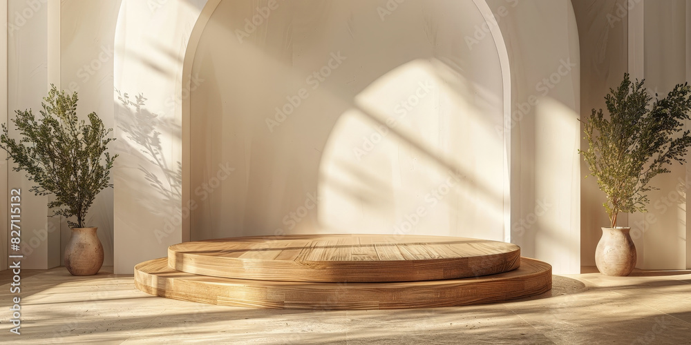 Wooden podium on light background for product presentation, minimalis,Mockup of round wooden table top. copy space Wooden podium on light background for product presentation, minimalis,Mockup of round wooden table top. copy space
