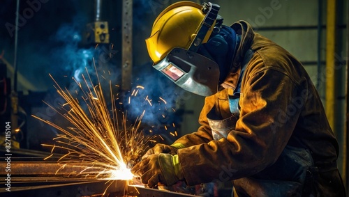 Industrial Welder Wearing Protective Gear in Factory Setting
 photo
