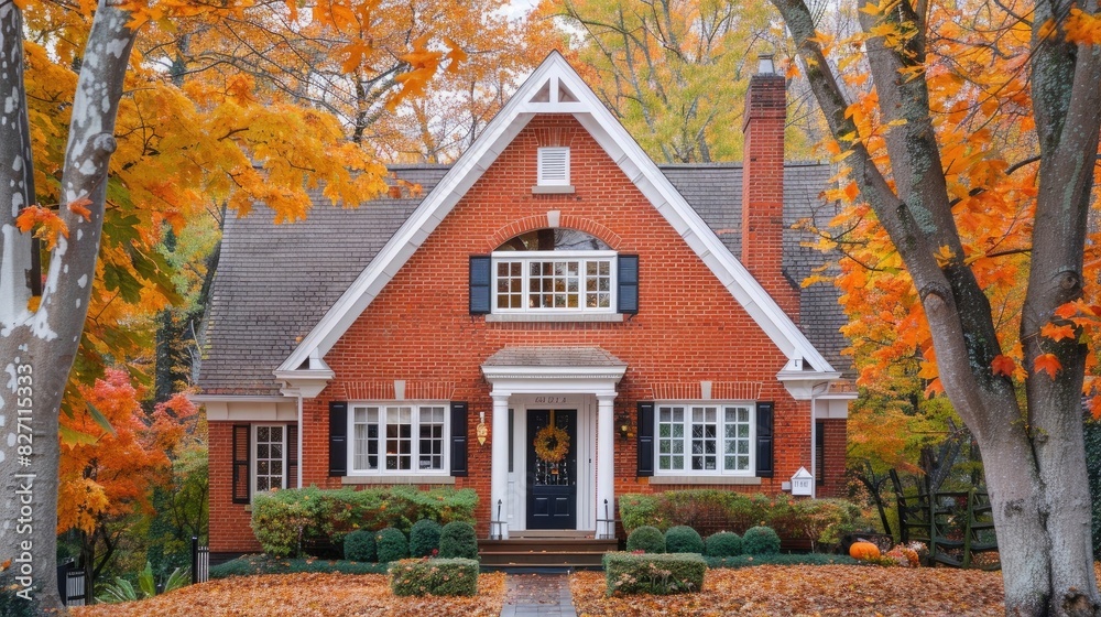 front view of a red brick house with white trim, fall colors seen, front door and windows shown, orange leaves on a tree in the background,