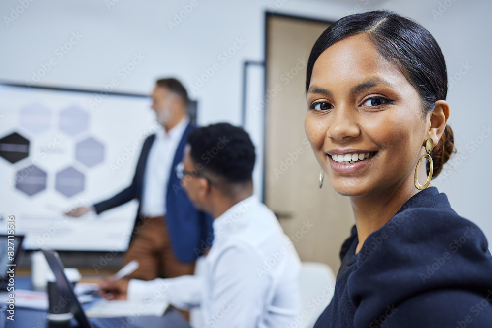 Presentation, portrait and businesswoman in office for planning, strategy and performance review. PPT, smile and professional team in workshop for meeting, development and woman with job opportunity Presentation, portrait and businesswoman in office for planning, strategy and performance review. PPT, smile and professional team in workshop for meeting, development and woman with job opportunity