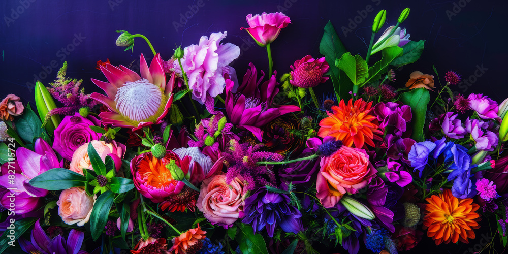 Vibrant Bouquet of Multicolored Flowers against a Dark Background Vibrant Bouquet of Multicolored Flowers against a Dark Background