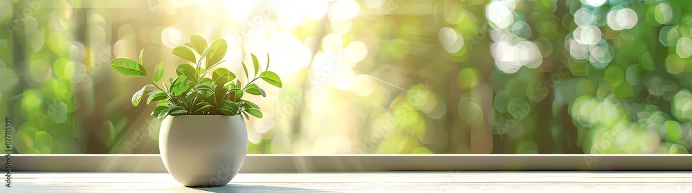 Obraz premium A potted plant on the windowsill, a view of nature outside in the background, green trees and foliage, sunlight shining through the window, blurred natural landscape background, warm sunny day light,