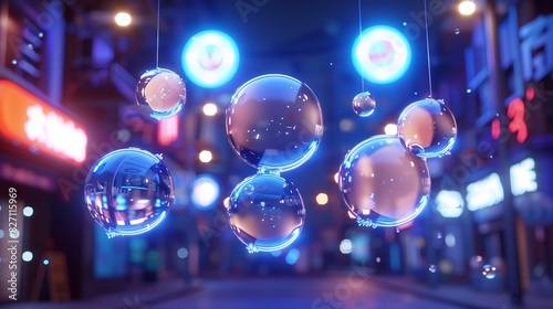  A plethora of bubbles drifting above a city street at night Neon lights illuminate buildings and signs, accompanied by numerous radiant lights photo