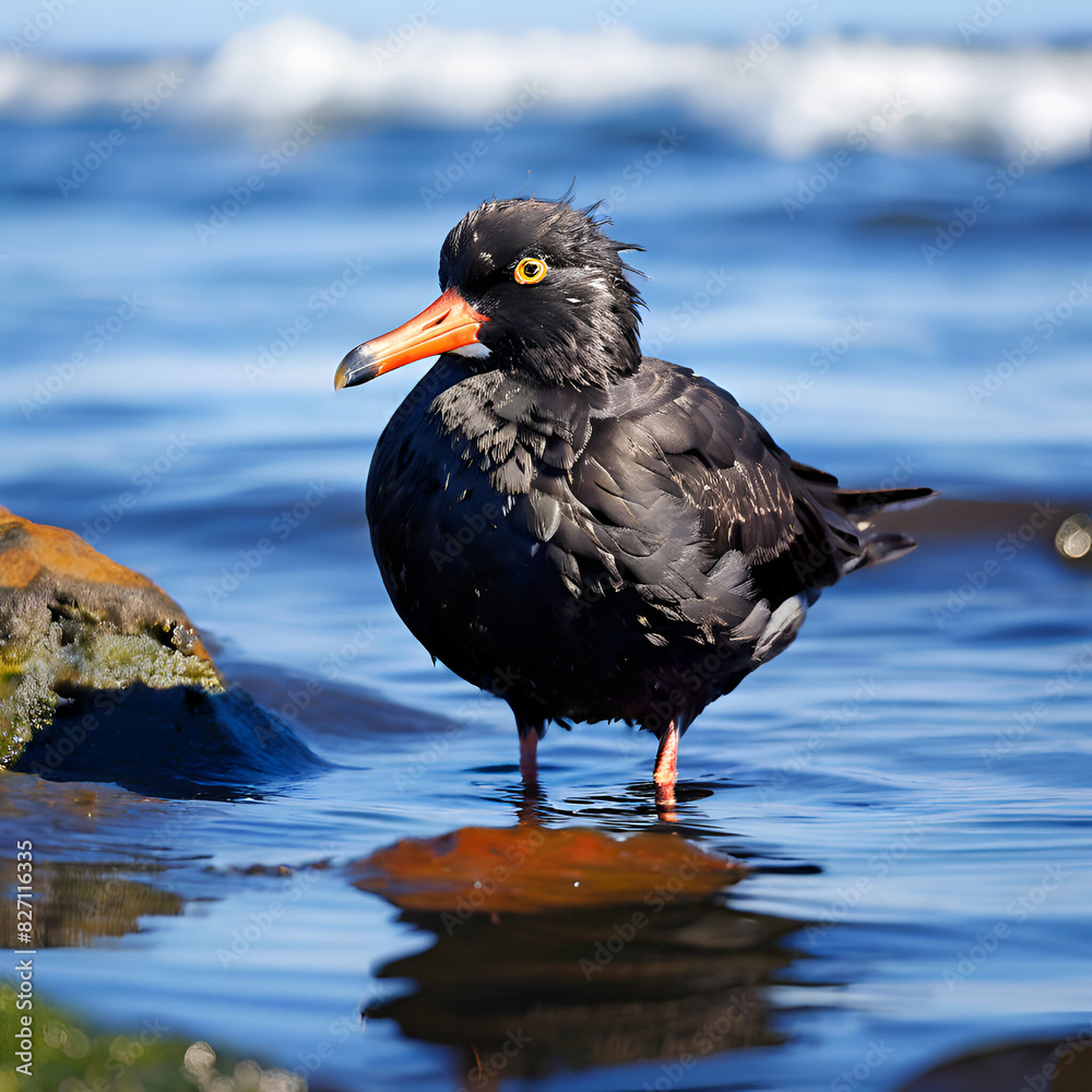 A black Oystercatcher baths near the shore A black Oystercatcher baths near the shore