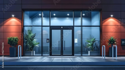 See a flat design of a glass door with a digital entry system