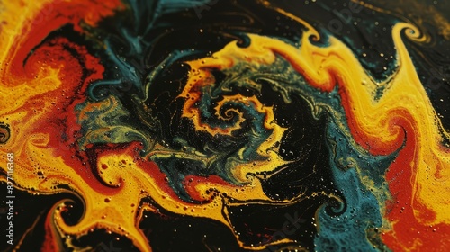 swirling yellows  blues  reds  and blacks against a contrasting backdrop of black and yellow  border features vibrant yellow 