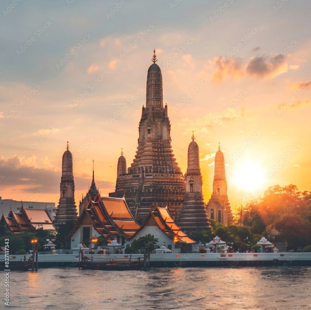 Fototapeta premium Thai Buddhist temple in the rays of the setting sun
