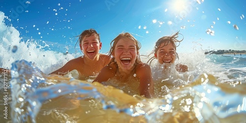 Three happy children are swimming in the ocean.