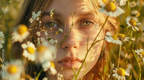 Portrait of a young girl with half of her face covered by wild flowers gazing with one eye