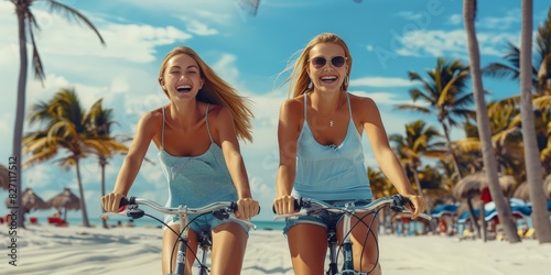 Two young women are riding bicycles on a beach. They are both smiling and wearing casual clothes. There are palm trees in the background.