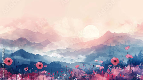 Fototapeta Naklejka Na Ścianę i Meble -  Modern wallpaper with a watercolor landscape and abstract flowers
